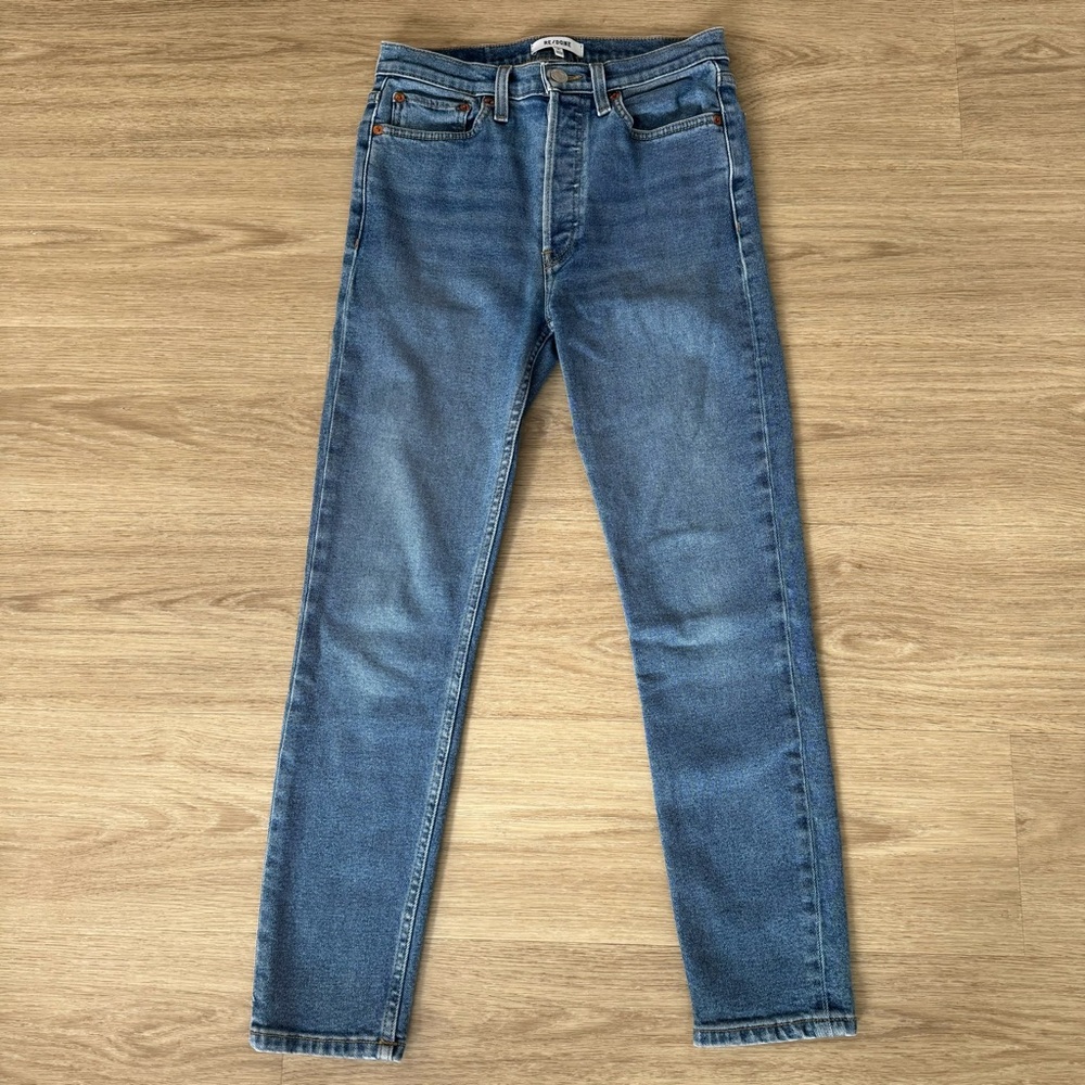 re/done dark blue wash high waisted rise skinny slim denim jeans pants bottoms